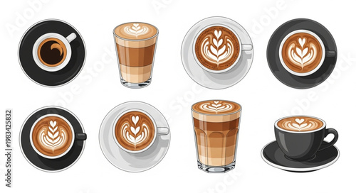 Collection of Delicious Coffee Drinks with Latte Art.