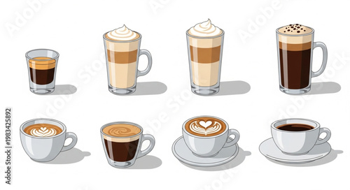 Collection of various coffee drinks and espresso shots.