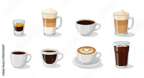 Collection of various coffee drinks and beverages.