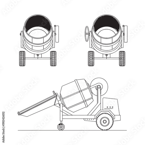 Technical drawing of concrete mixers in various perspectives and orientations