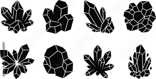 Collection of eight black geometric crystal cluster icons on a white background mineral rock