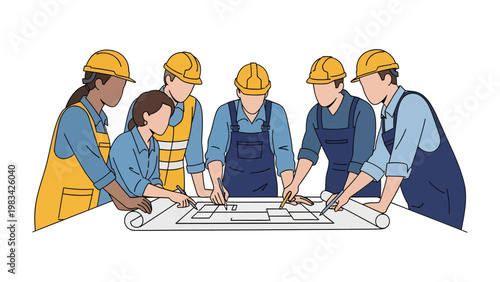 Construction Team Planning: A focused construction team huddles over blueprints, diligently reviewing and planning the next phase of a project, symbolizing collaboration and expertise.