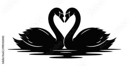 Two black swans forming a heart shape with their necks elegant silhouette symbolizing love and romance perfect for wedding invitations and Valentines Day designs
