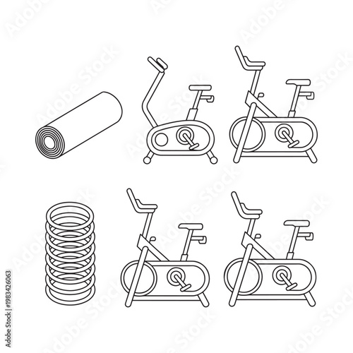 Fitness equipment outline exercise bikes yoga mat and weights displayed