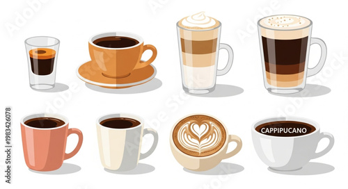 Collection of various coffee drinks in cups and glasses.