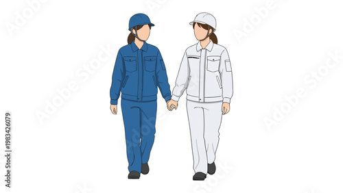 Partners in Progress: Two female construction workers walking hand-in-hand together, dressed in protective workwear, symbolizing partnership, collaboration.