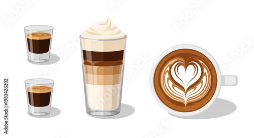 Assortment of Coffee Drinks and Espresso Shots.