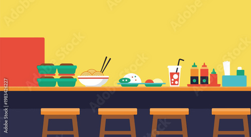 Asian Food Counter with Bowls Drinks and Condiments.