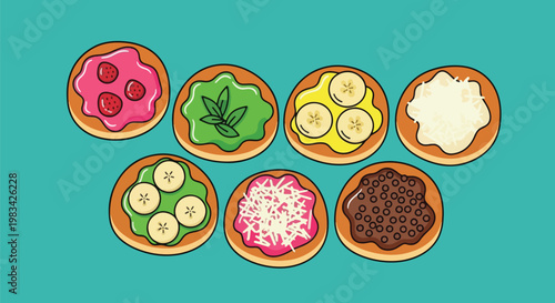 Assorted Delicious Pancakes with Various Toppings Colorful Breakfast.