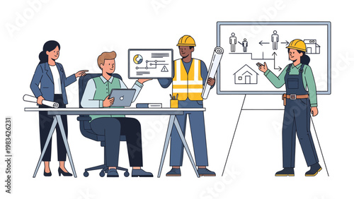 Teamwork in Construction: Illustrating the collaborative spirit of architects and builders as they review blueprints, sharing ideas for the construction project