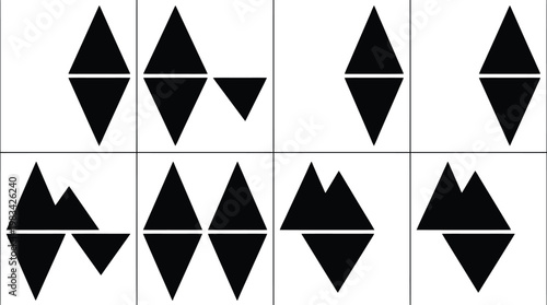 Collection of eight black geometric mountain and triangle shapes on a white background peak abstract