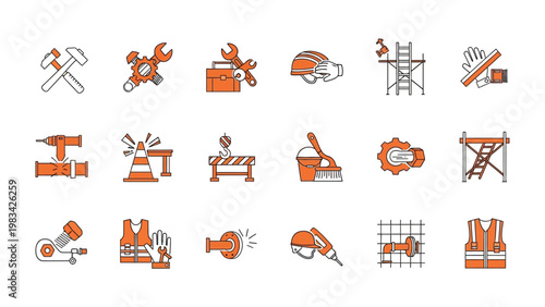 Construction Equipment: A vibrant illustration showcasing an array of construction equipment, tools, and safety gear, highlighting the essential elements of the building process and infrastructure.