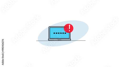 Minimalist vector illustration of a laptop with asterisks on screen and a red exclamation mark alert icon representing a login error or failed authentication on a white background.