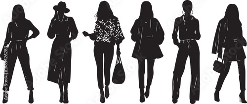 Six diverse women in black sleeveless dresses with patterned tops walking in a row black dresses