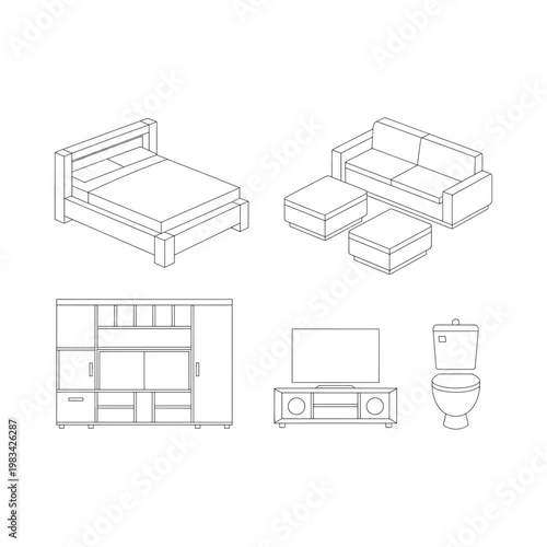 Line drawing of bedroom living room and bathroom furniture set
