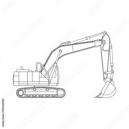 Detailed line drawing of a large excavator construction machine