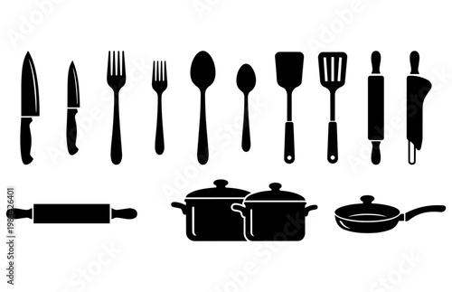 Set of kitchen utensils and cookware silhouettes including knives spoons forks pans and rolling pin icons