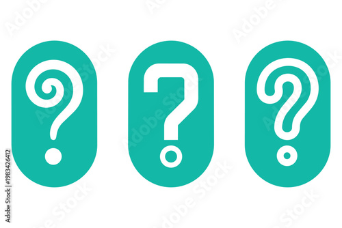 Set of creative question mark icons on teal rounded shapes representing doubt mystery and help symbols