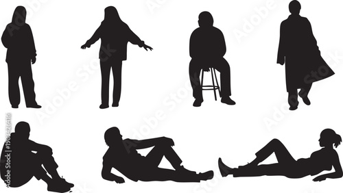 Six minimalist black silhouettes of people in different poses and activities standing walking