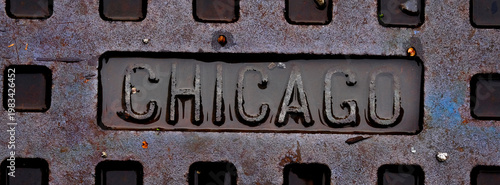 Chicago Man Hole Cover Manhole Iron Covering with Rusty Texture Old Worn with Storm Water