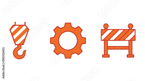 Engineering Icons: This collection of vibrant orange engineering icons showcases a hook, a gear, and a construction barrier, perfect for illustrating concepts related to industry and construction. 