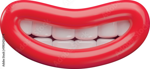3D smiling mouth with red lips and clenched teeth. Icon.