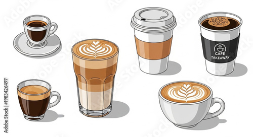 Various Coffee Drinks and Types of Coffee Cups.
