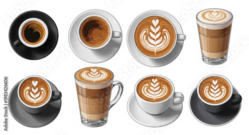 Collection of Coffee Drinks and Espresso Shots Top View.