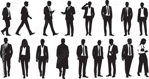 Sixteen diverse silhouettes of people in two rows standing side by side diversity black and white
