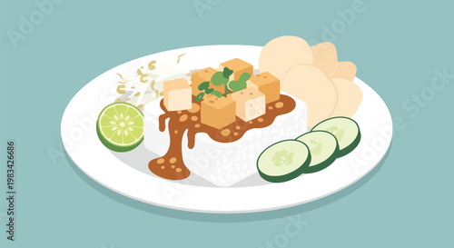 Delicious Indonesian Nasi Uduk with Tofu Cucumber and Crackers.