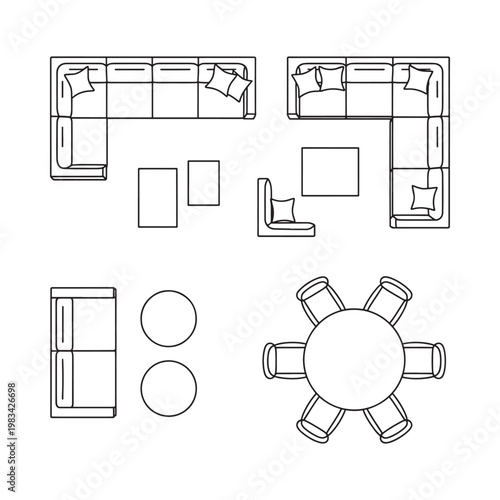 Top down view of a modern living space floor plan with furniture