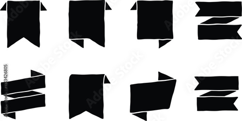 Collection of eight black hand-drawn ribbon banners and tags on a white background label bookmark