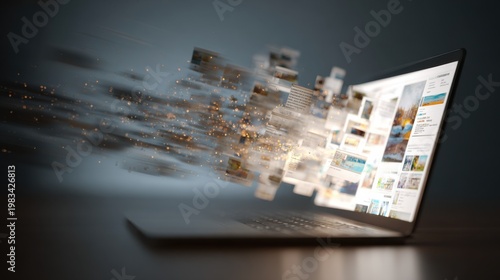 Digital information erupting from a laptop screen, symbolizing data, technology, and connectivity. Images and data streaming outward from the screen, representing information