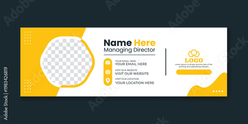 Professional email signature template with name title contact details company logo and profile picture frame in yellow and white color scheme for effective business branding vector illustration.
