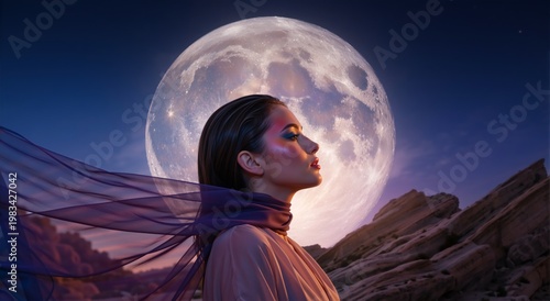 Profile of a woman with dramatic makeup against a giant full moon. Fantasy desert landscape with flowing purple scarf. Ethereal night scene