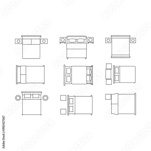 Top down view of various bed arrangements in a grid pattern