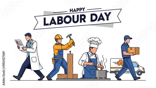 Labor Day Illustration: A colorful and vibrant illustration depicts a celebration of hard work and dedication, showcasing a doctor, construction worker, chef, and delivery person.
