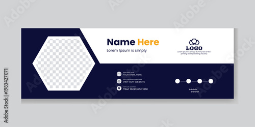 Professional email signature template design with modern hexagon shape and dark blue orange colors. clean contact information layout for business communication.