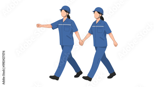 Two construction workers Walking: Side by side, a duo of construction workers steps confidently forward, embodying a spirit of collaboration, mutual respect, and determination in the workplace.