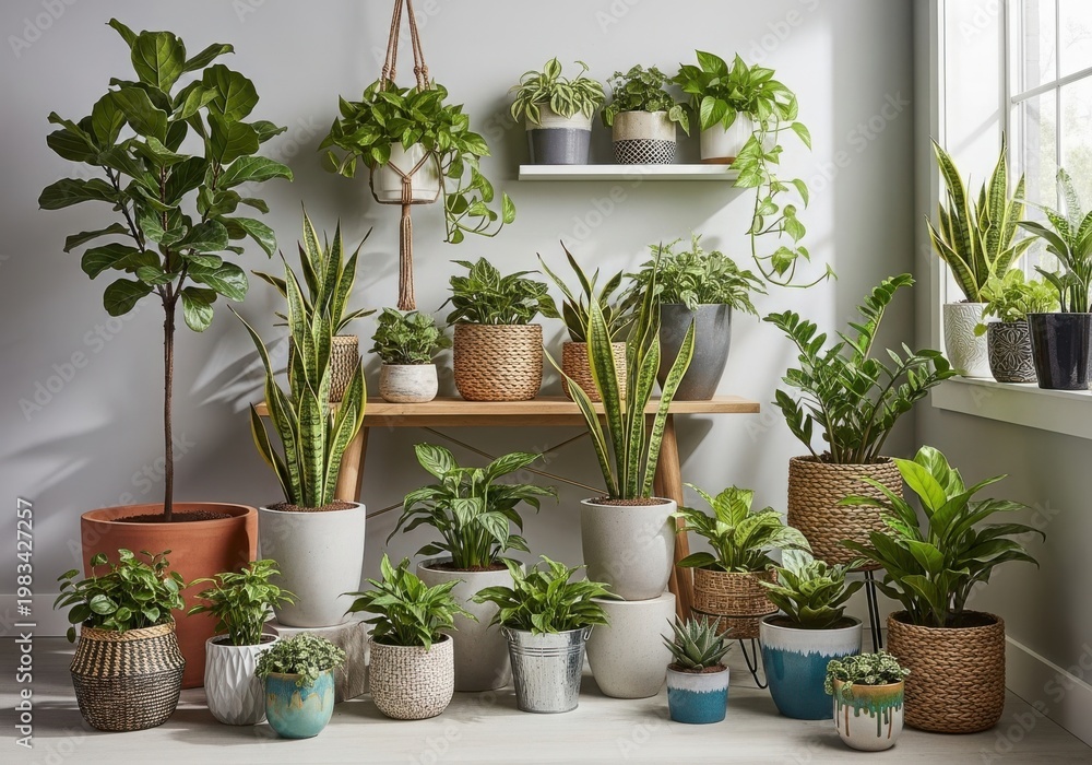 Fototapeta premium A collection of potted plants on shelves and a table
