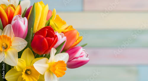 Colorful bouquet of tulips and daffodils on a pastel striped wooden background.