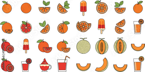 Citrus Fruit and Drink Icon Set with Oranges, Juices, Popsicles, and Melons for Summer, Refreshments, and Healthy Snacks