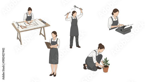 Artisan in Action: Depicting a focused artisan in various tasks, highlighting the diversity of skills and the essence of craftsmanship and creative pursuits.