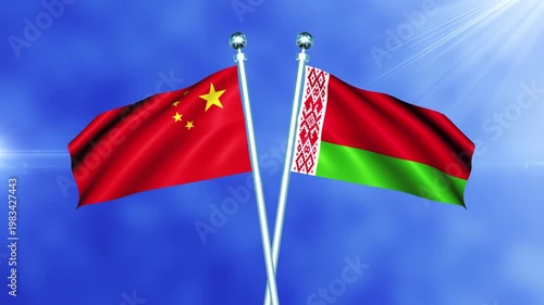 China and Belarus Flag Waving On Pole Loop