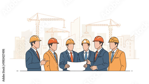 Construction Professionals Collaborative Discussion: A group of construction professionals, clad in hard hats and suits.