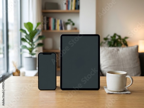 Modern devices and a warm beverage on a wooden surface