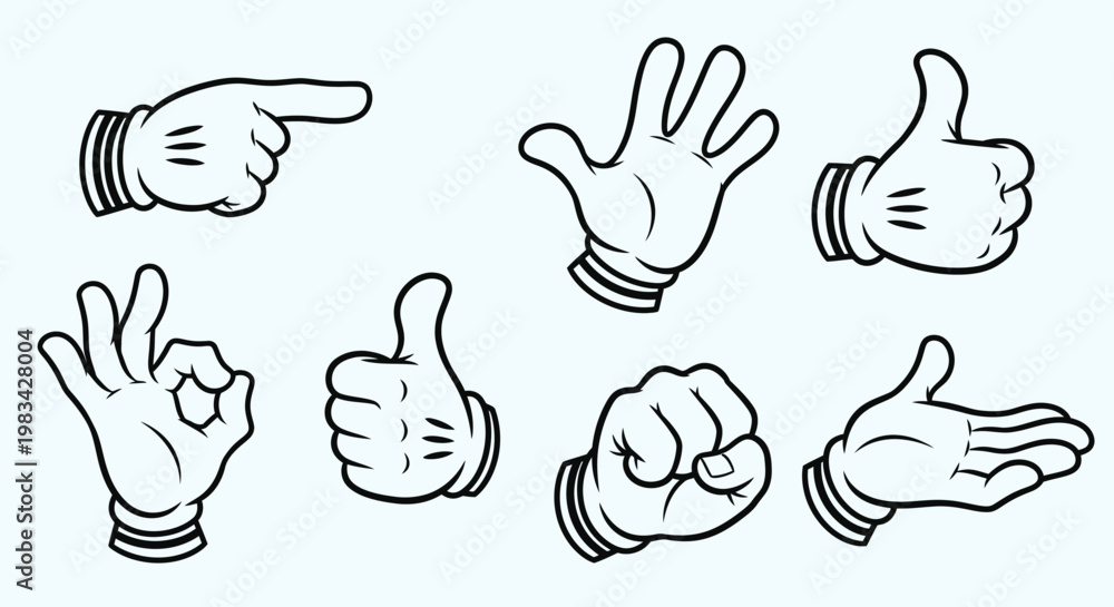 Fototapeta premium Fun cartoon hand gestures vector set showing pointing, OK sign, thumbs up, and waving, on a light blue background in a bright studio.