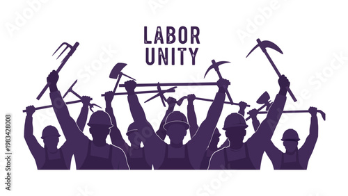 Labor Unity: A silhouette of workers, their arms raised in solidarity, with tools aloft. The image evokes a sense of shared purpose and strength. 