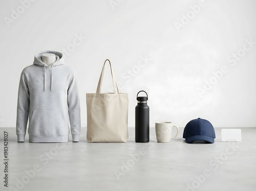 Minimalist arrangement of everyday clothing and lifestyle accessories on white