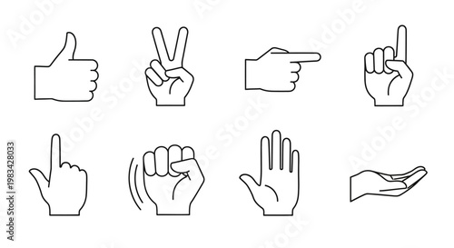 Diverse hand gestures line art illustration set on an isolated white background, showing agreement, peace, pointing, and fist.